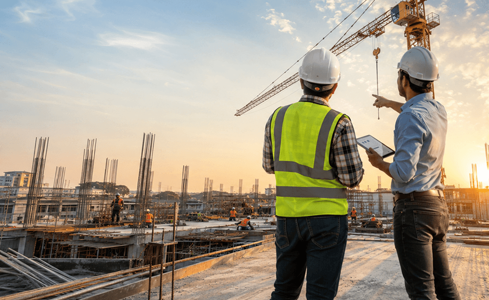A construction project manager reviewing budget variance on-site at sunset