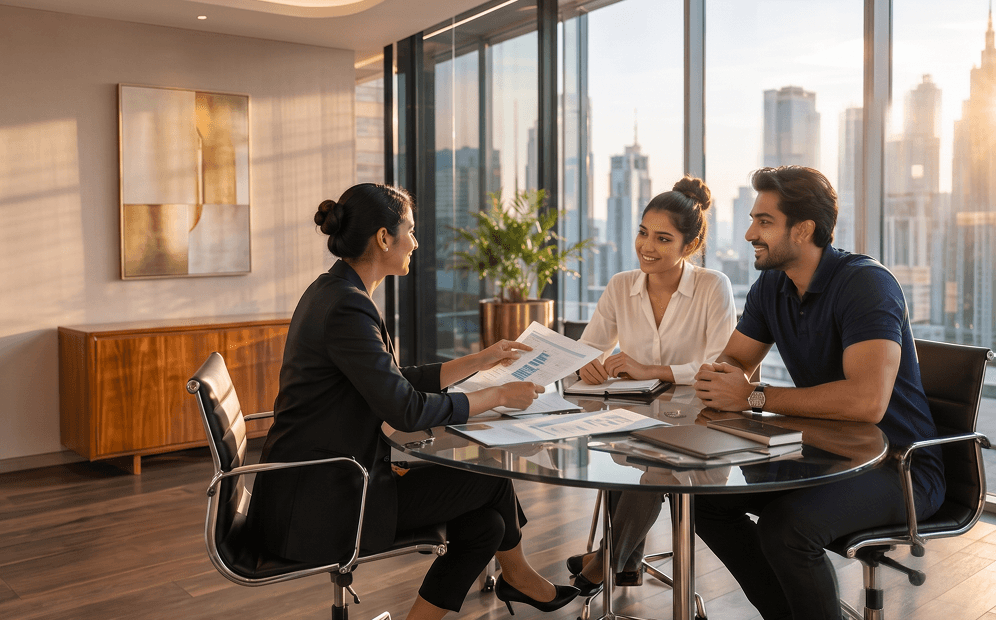 Insurance professionals discussing reserve figures during a client meeting