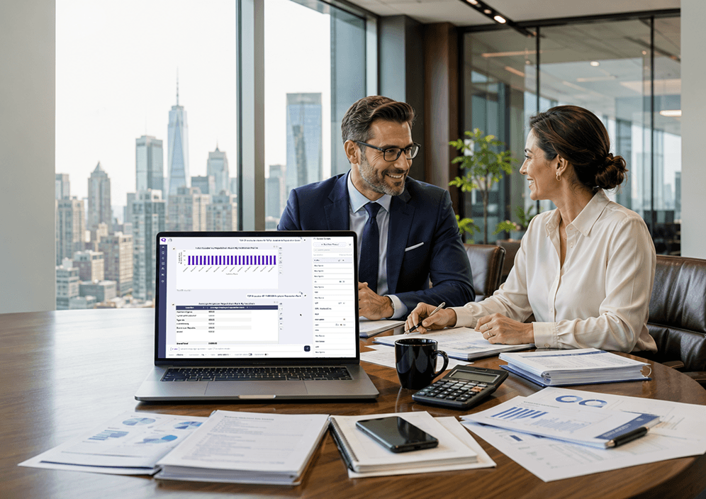 Auditors reviewing board filing documents and financial reports at a conference table
