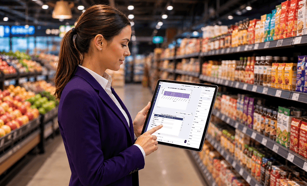 A retail merchandiser checking stock levels on a tablet in a grocery aisle
