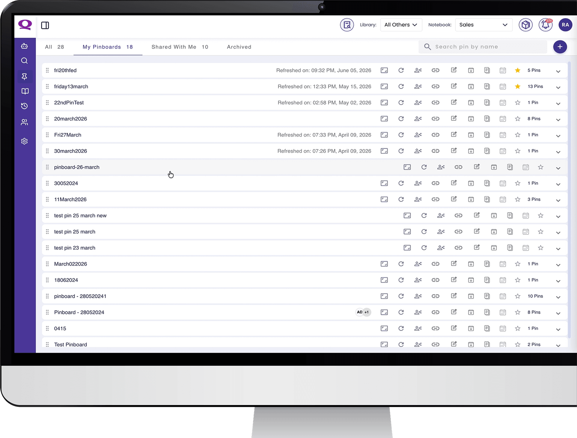 Quaeris pinboard showing a shared dashboard of pinned answers