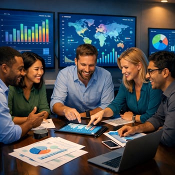 In a modern office filled with large screens displaying colorful graphs and data visualizations a diverse group of professionals collaborates enthusia-1 In a modern office filled with large screens displaying colorful graphs and data visualizations a diverse group of professionals collaborates enthusia-1