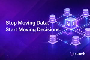 Quaeris infographic showing how bringing AI to live data speeds decisions, reduces pipelines, and improves governance without moving data.